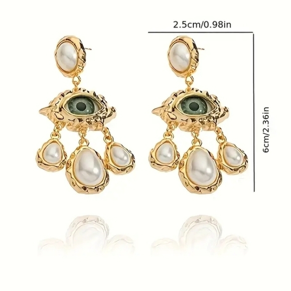 🆕️ Schiaparelli Style Elegant Gold and Pearl Evil Eye Drop Earrings NWOT - Picture 6 of 11